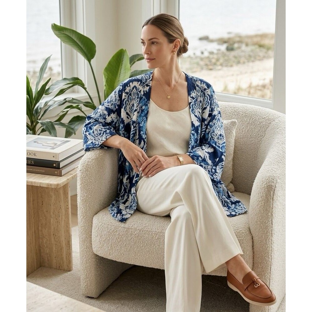 NWT Haute Hippie L Blue White Print Blouse Lightweight Topper Cardigan Top - Picture 12 of 12